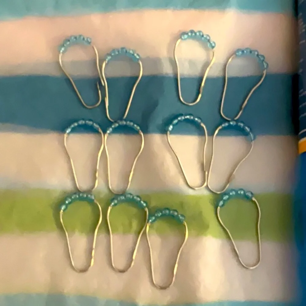 Shower curtain, rings, mat & drain cover